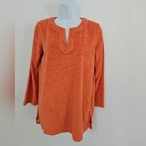 Talbots Orange Pullover Petite Terry Tunic Top Size SP Long Sleeve Split Neck